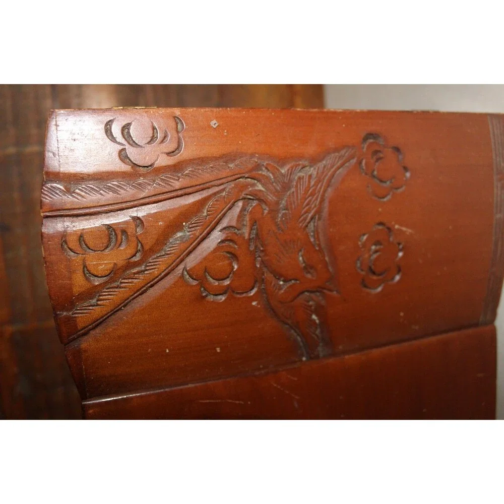 Vintage Asian Wood Carved Large Jewelry Box Dragon Red Velvet Lining SEE NOTE
